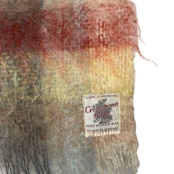 Vintage Creagaran Mills 100% Mohair plaid scarf made in Scotland yellow red - Picture 2 of 8